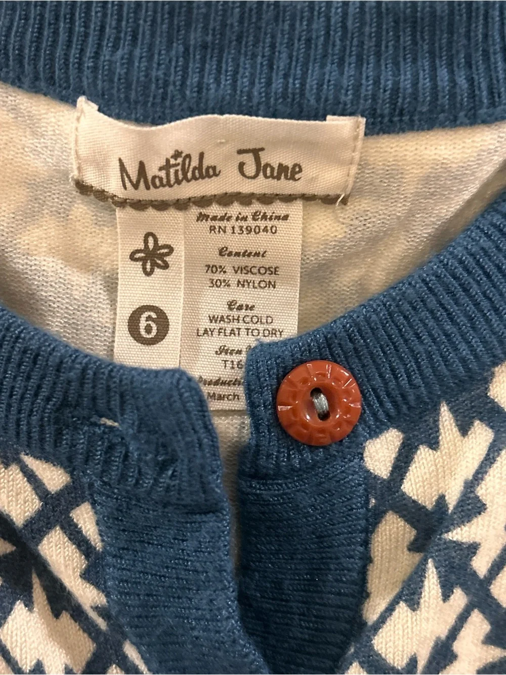 Navy and Cream Patterned Button-Front Sweater size 6 Matilda Jane